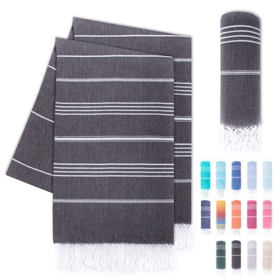 LAYNENBURG 2-Piece Premium Hammam Towel Set with Hand-Knotted Fringes - 100% Cotton - XXL Beach Towel 100 x 200 cm - OEKO-TEX STANDARD 100 - Anthracite