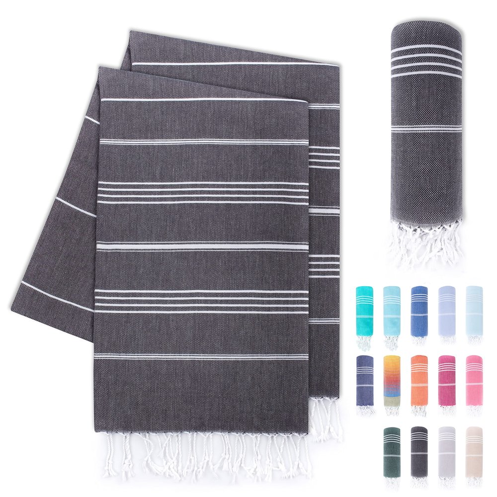 LAYNENBURG 2-Piece Premium Hammam Towel Set with Hand-Knotted Fringes - 100% Cotton - XXL Beach Towel 100 x 200 cm - OEKO-TEX STANDARD 100 - Anthracite