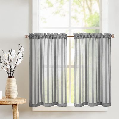 TOPICK Striped Sheer Bistro Curtains, 2-Piece Set, 90 x 90 cm, Gray