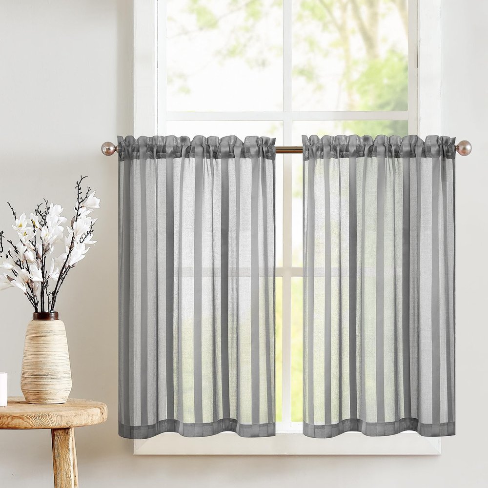 TOPICK Striped Sheer Bistro Curtains, 2-Piece Set, 90 x 90 cm, Gray