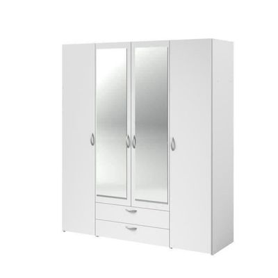 VARIA Wardrobe - White Decor - 4 Hinged Doors + 2 Mirrors + 2 Drawers - W 160 x H 185 x D 51 cm - Parisot