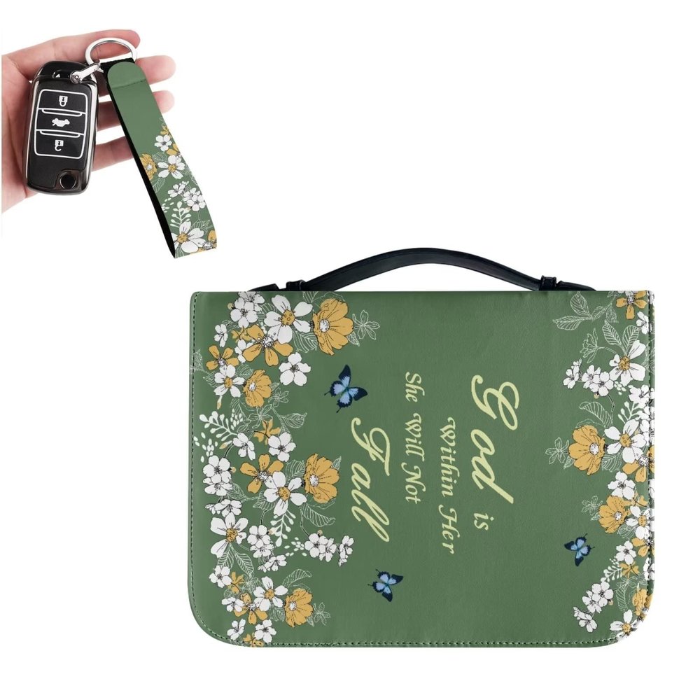 COEQINE Bible Cover with Handles, Green Floral Pattern, Large Capacity, “God Is Within Her, She Will Not Fall,” Size M