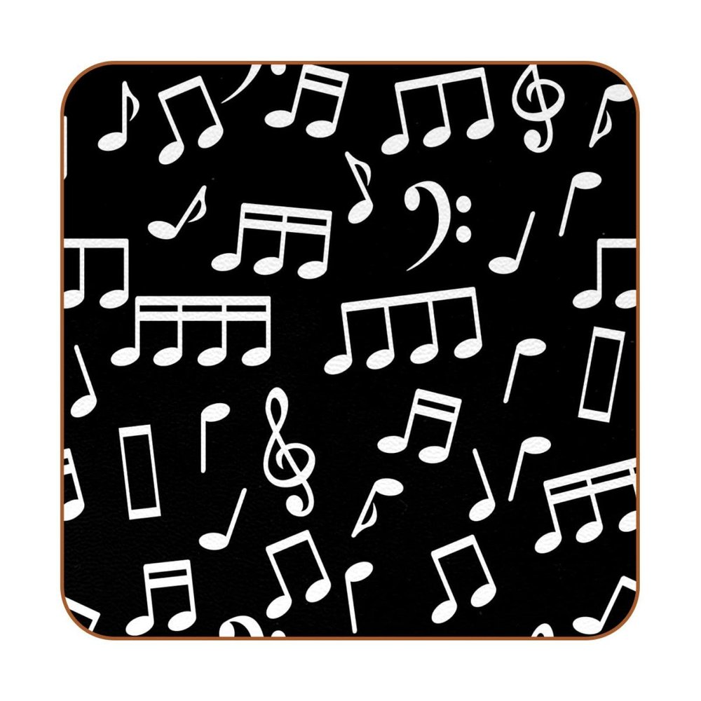 Drink Coasters, Set of 6, Leather, Spill Protection, White Music Notes on Black