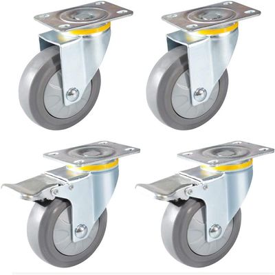 Caster Wheels, Set of 4, Gray Rubber, Double Ball Bearings, Double Safety Lock, 360° Top Plate, 4 in, Brakes