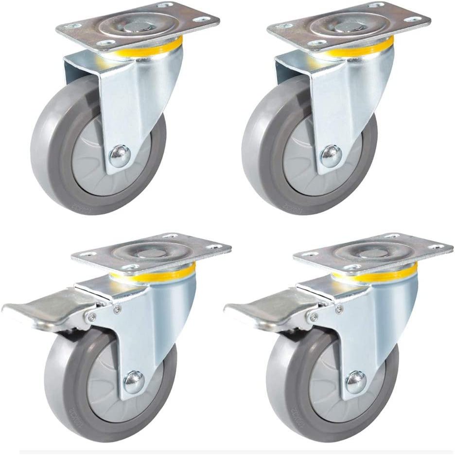 Caster Wheels, Set of 4, Gray Rubber, Double Ball Bearings, Double Safety Lock, 360° Top Plate, 4 in, Brakes
