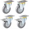 Caster Wheels, Set of 4, Gray Rubber, Double Ball Bearings, Double Safety Lock, 360° Top Plate, 4 in, Brakes view 1