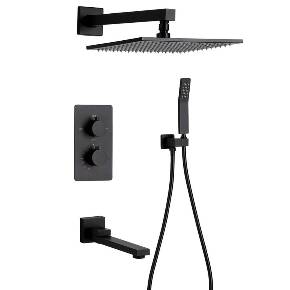 GoodBZ Wall-Mounted Matte Black Brass Thermostatic Rain Shower with 8-12