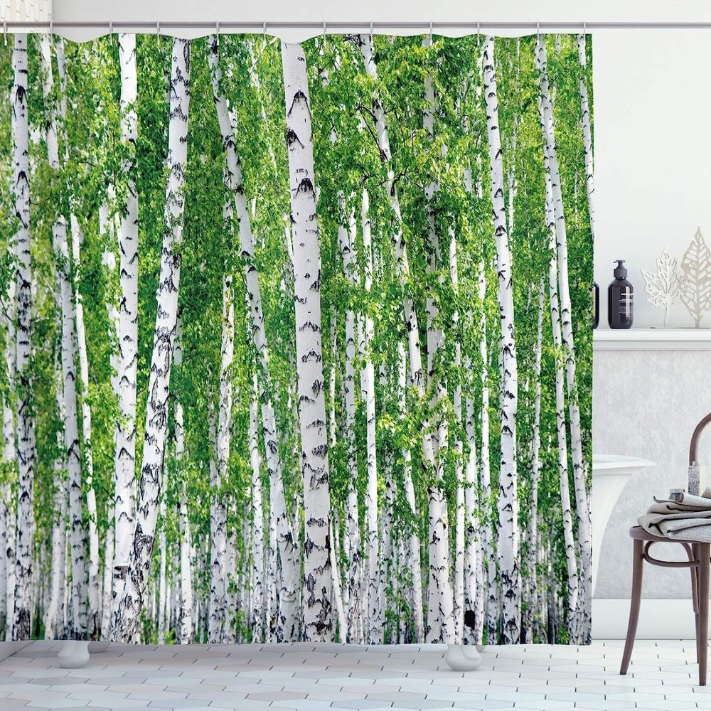 REBELA 3D Shower Curtain, Birch Forest, 180 x 200 cm, Waterproof, Mildew-Resistant