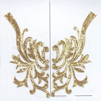 2 Gold Embroidered Floral Collar Appliqués, Iron-On/Sew-On Patches, Style 12