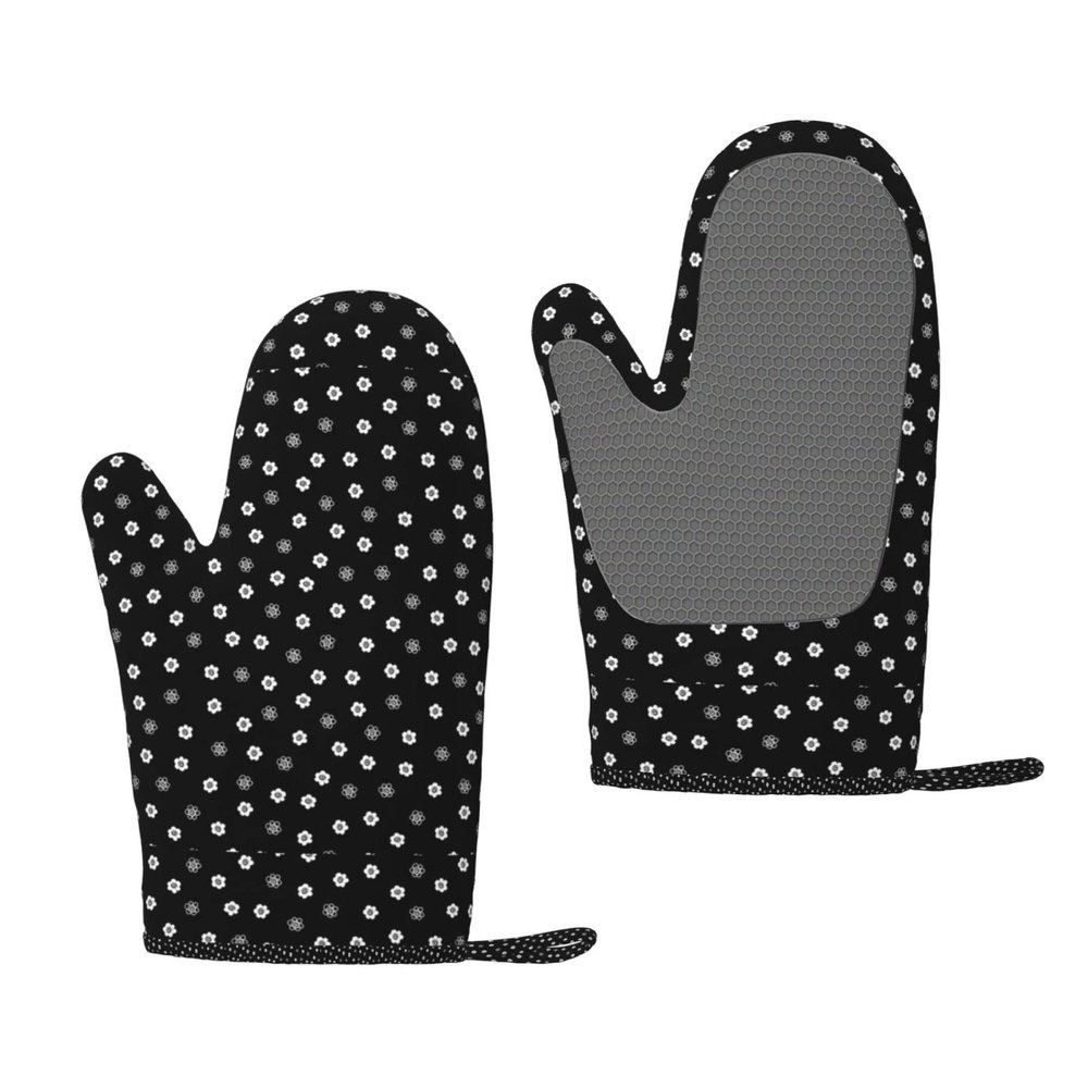 Small White Flowers on Black Silicone Oven Mitts, 1 Pair