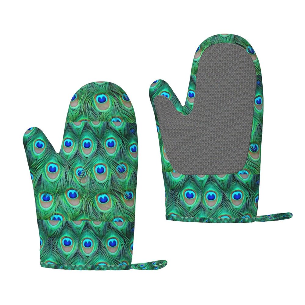 Adorable Green Peacock Silicone Oven Mitts, Non-Slip Heat-Resistant Cooking Gloves, 1 Pair