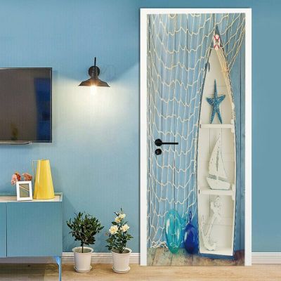 A.Monamour Nautical 3D Door Wallpaper, Self-Adhesive Vinyl Decal, Blue Wood Planks, 95 x 215 cm