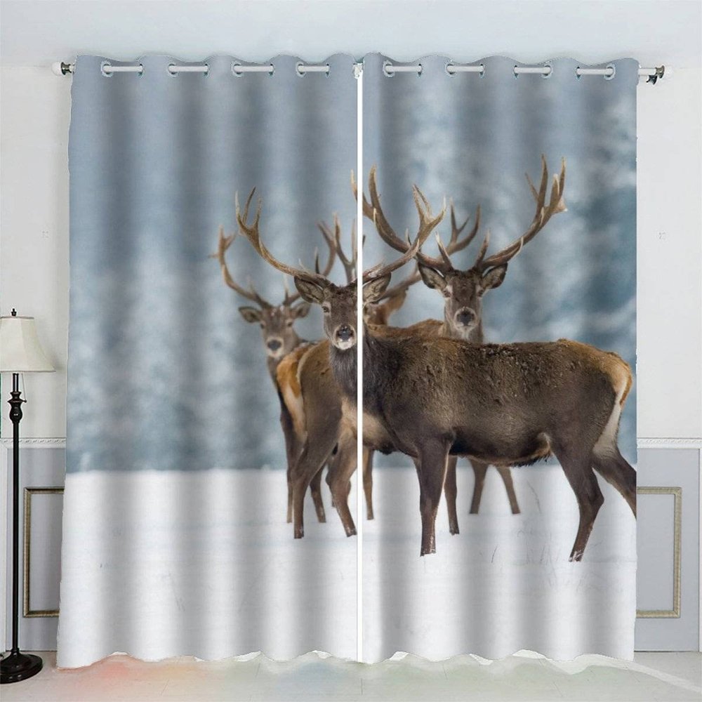 VASENA Red Deer Blackout Curtains, 2-Piece Set, 3D Printed Children's Curtains, 183 x 214 cm