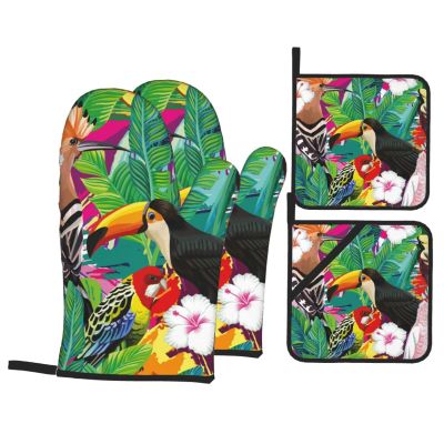 Heat-Resistant Oven Mitts and Pot Holders, 4-Piece Set, Tropical Birds and Leaves