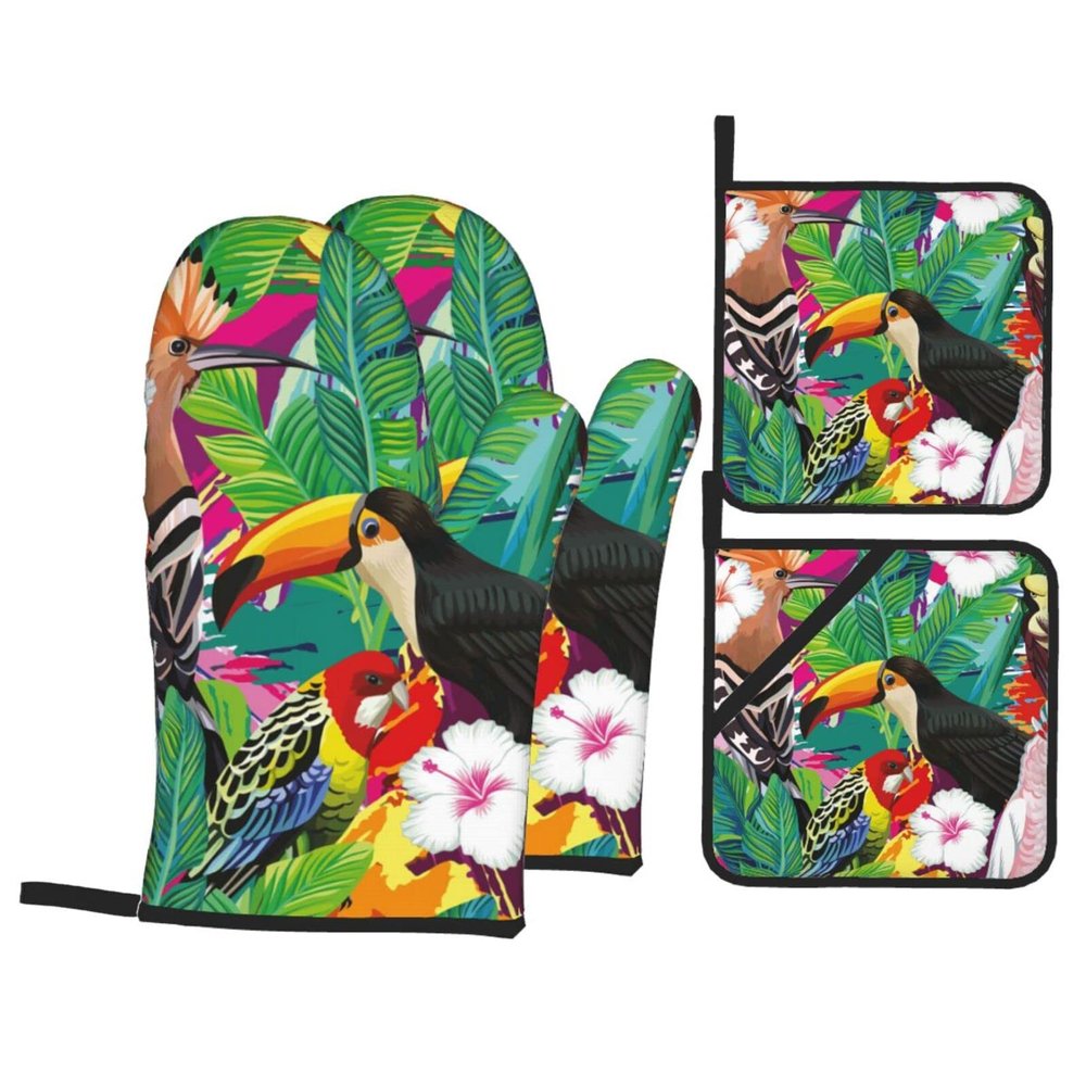 Heat-Resistant Oven Mitts and Pot Holders, 4-Piece Set, Tropical Birds and Leaves