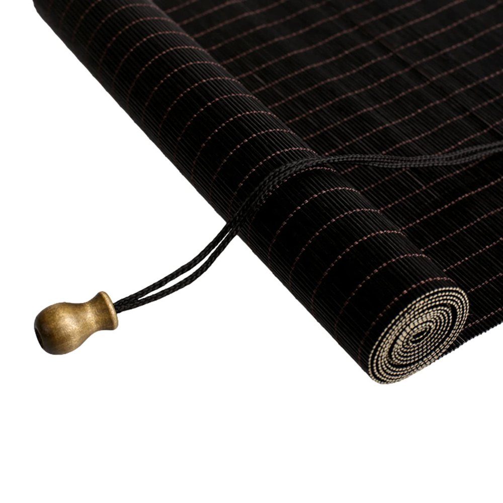 zhijiaqian456 Bamboo Roller Blind, Sun and Privacy Protection, Cord-Operated, Natural Wood, Black, Customizable (65 x 230 cm)