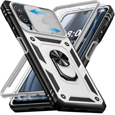 Giyer Case for Samsung Galaxy A12 5G with Screen Protector, Camera Cover, Card Slot, 360° Metal Ring Stand and Shockproof Bumper, White