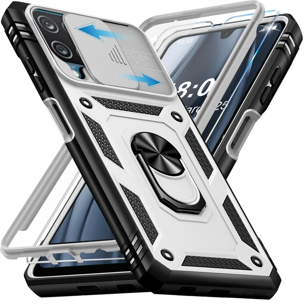 Giyer Case for Samsung Galaxy A12 5G with Screen Protector, Camera Cover, Card Slot, 360° Metal Ring Stand and Shockproof Bumper, White