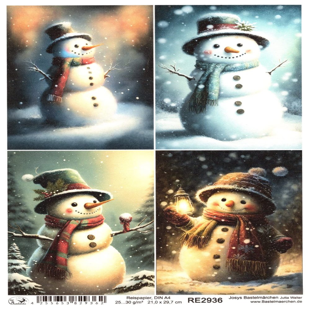Josys Bastelmädchen A4 Rice Paper, Straw Silk, Decoupage, Christmas Snowman RE2936