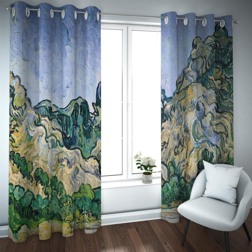Abstract Green Plant Blackout Curtains for Living Room, Blue Sky, 2 Panels, 2 × W60 × L72 in