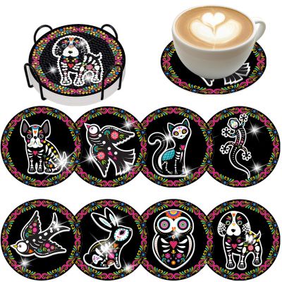 Demonwer Day of the Dead Animal Diamond-Painting Coasters, 8-Piece Set