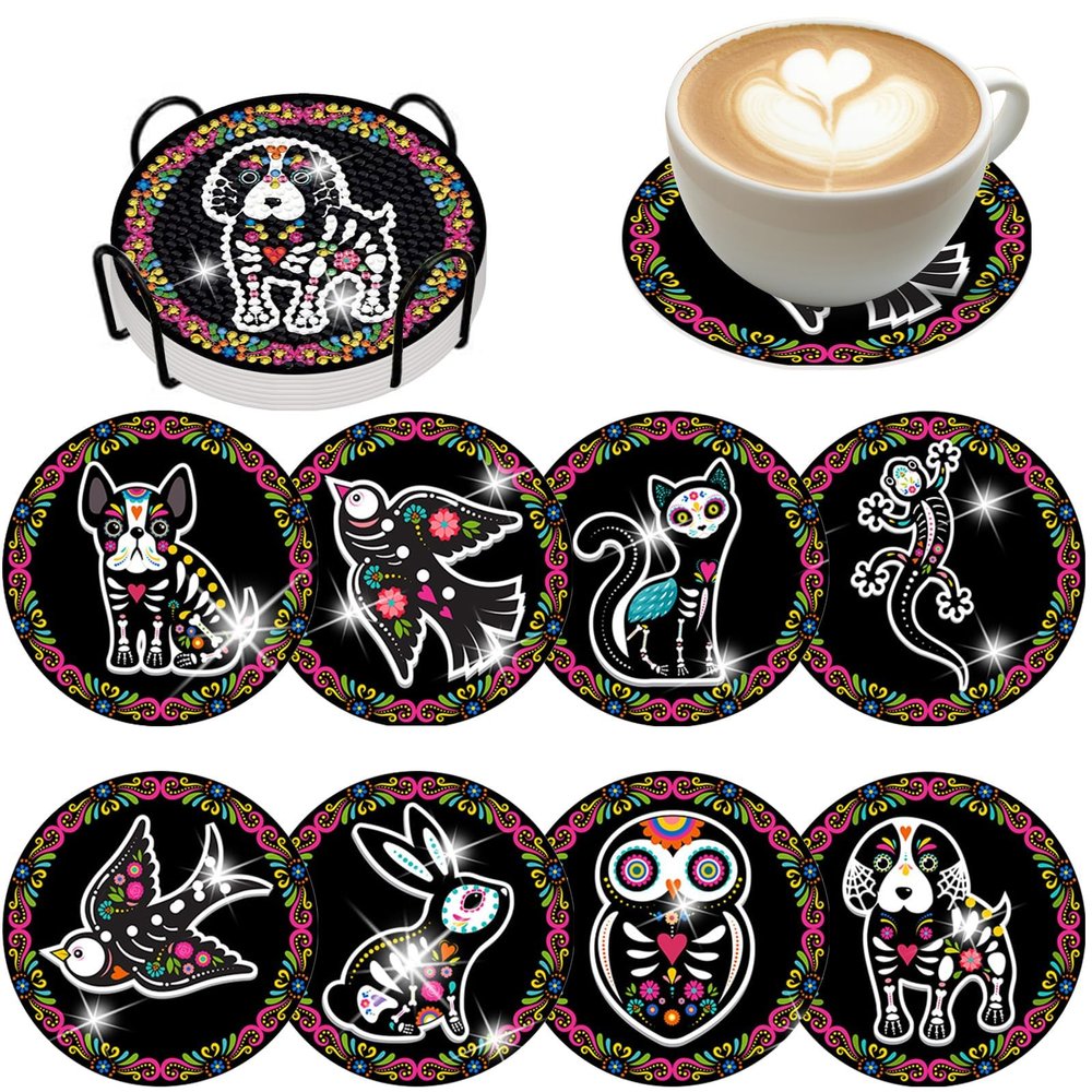 Demonwer Day of the Dead Animal Diamond-Painting Coasters, 8-Piece Set