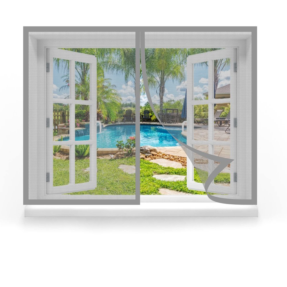 Magnetic Window Insect Screen 195 x 165 cm, Gray, No-Drill Adhesive Installation