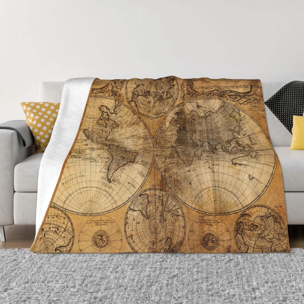 Vintage Old World Map Ultra-Soft Microfleece Blanket, 60 x 50 in, for Bed, Sofa, Couch, Travel and Camping