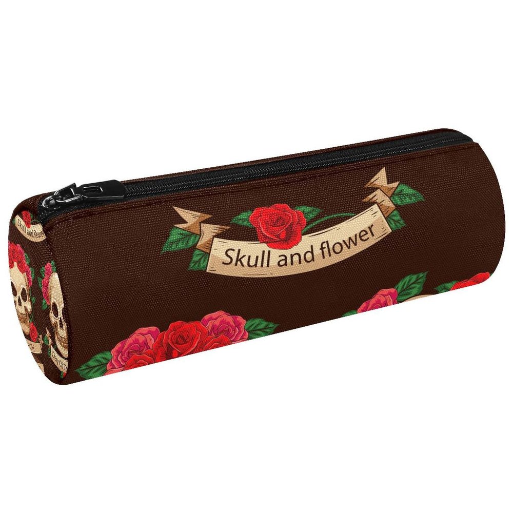 Embroidered Sugar Skull Rose Print Canvas Pencil Case, Coin Purse, Cosmetic Makeup Bag for Students, Multi #03, 20 x 6.3 cm / 7.9 x 2.5 in