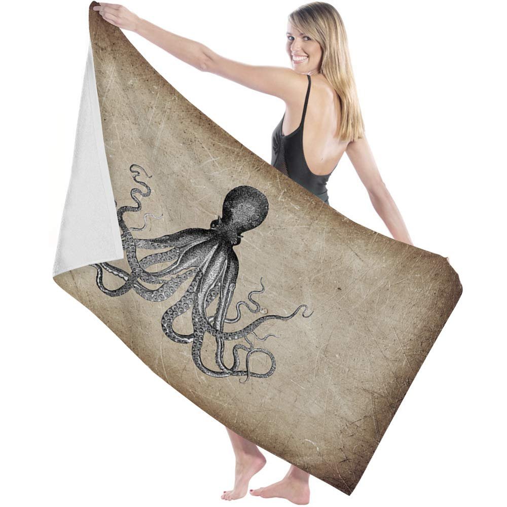 Brown Extra-Large Bath Towel, Vintage Octopus Design, Soft, Absorbent, Quick-Drying
