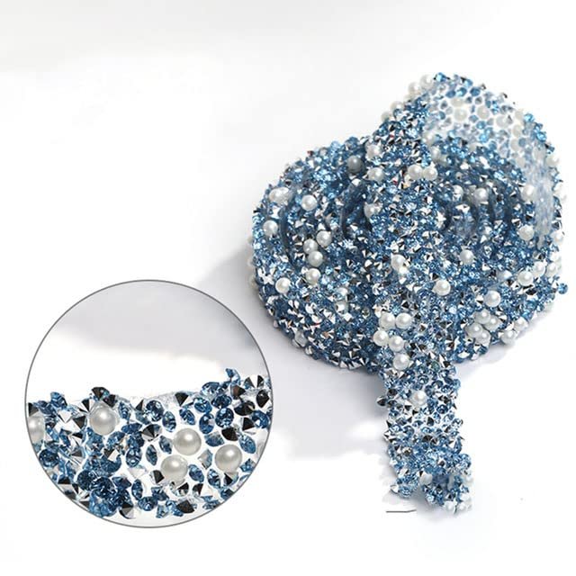 1 Yard 12 mm Glitter Rhinestone Chain Trim, Gold Resin Crystal Embellishment, DIY Belt for Wedding Dresses and Crafts, Blue and Pearl, 5 mm