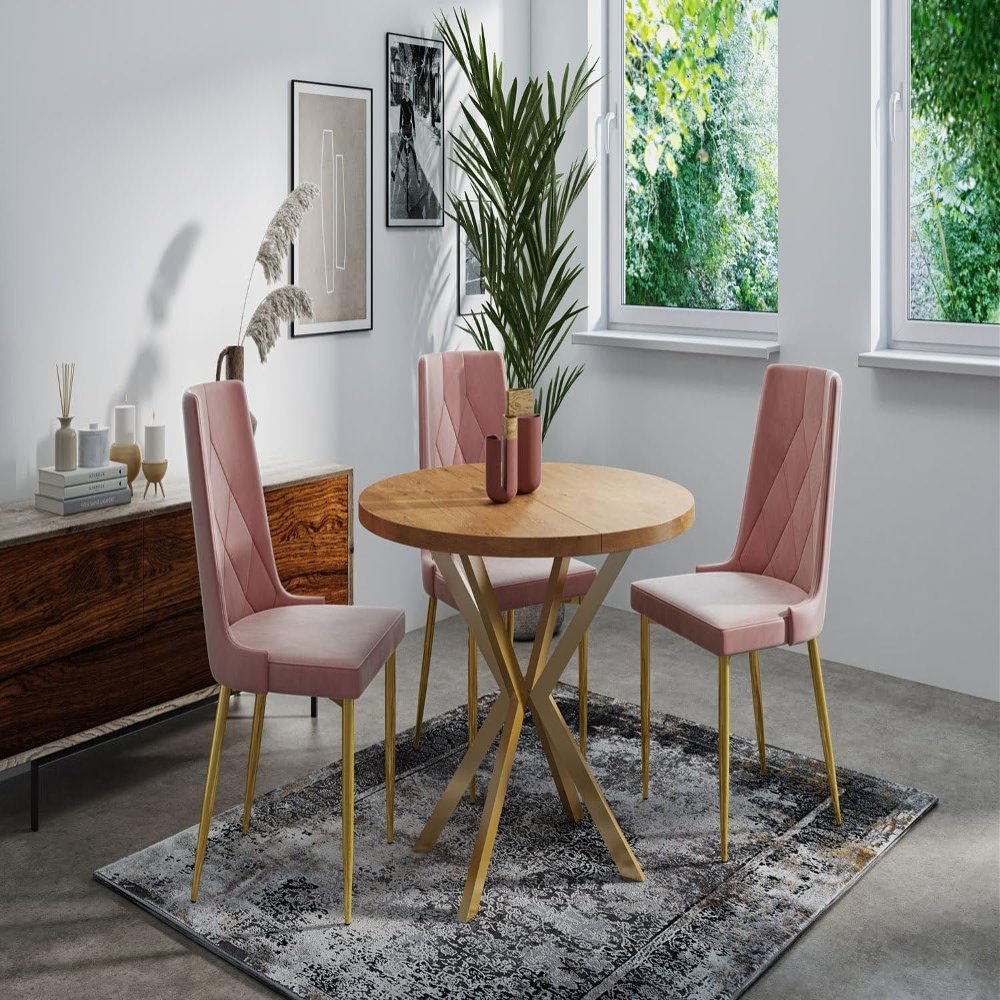 WFL GROUP Round Extendable Dining Table with Golden X-Frame Legs, 100–180 cm, Loft Industrial Design, for 4–6 People, Brown