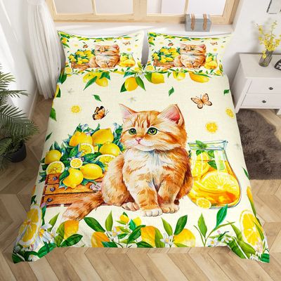 Cute Cat Lemon Summer Duvet Cover Set for Kids