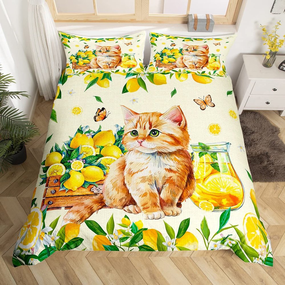 Cute Cat Lemon Summer Duvet Cover Set for Kids