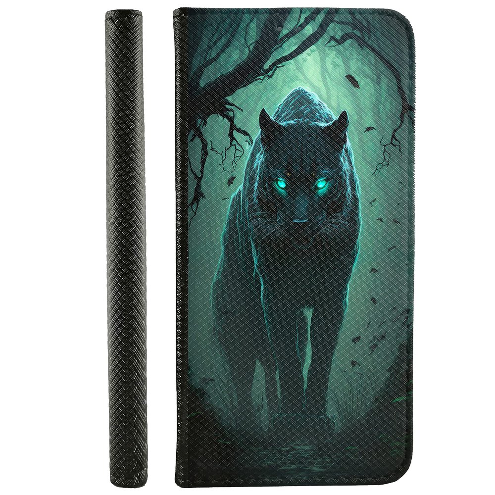Huawei P20 Faux Leather Flip Case, Design 3534 Black Panther in the Forest with Blue Eyes