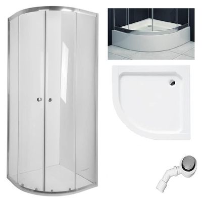 BADLAND Vitoria Semi-Round Shower Cabin Set 80 x 80 cm, 180 cm, 4 mm Clear Glass with White Alex Shower Tray and 50 mm Waste Set