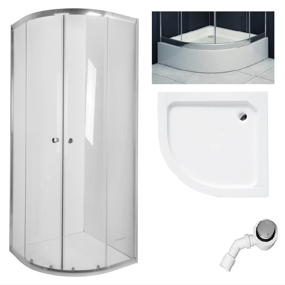 BADLAND Vitoria Semi-Round Shower Cabin Set 80 x 80 cm, 180 cm, 4 mm Clear Glass with White Alex Shower Tray and 50 mm Waste Set