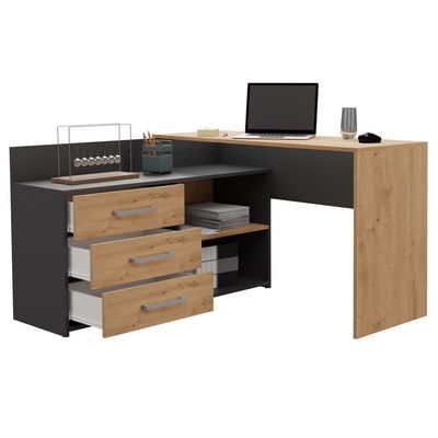3xE Living L-Shaped Desk with 3 Drawers, 51 x 130 x 76 cm, Anthracite & Artisan Oak, Freestanding