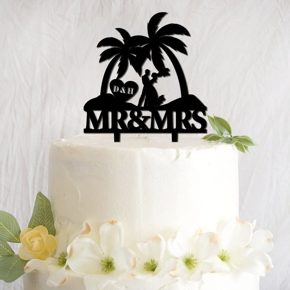 Funlucy Bride and Groom Under Palm Tree Cake Topper, Personalized Mr. and Mrs. Decoration
