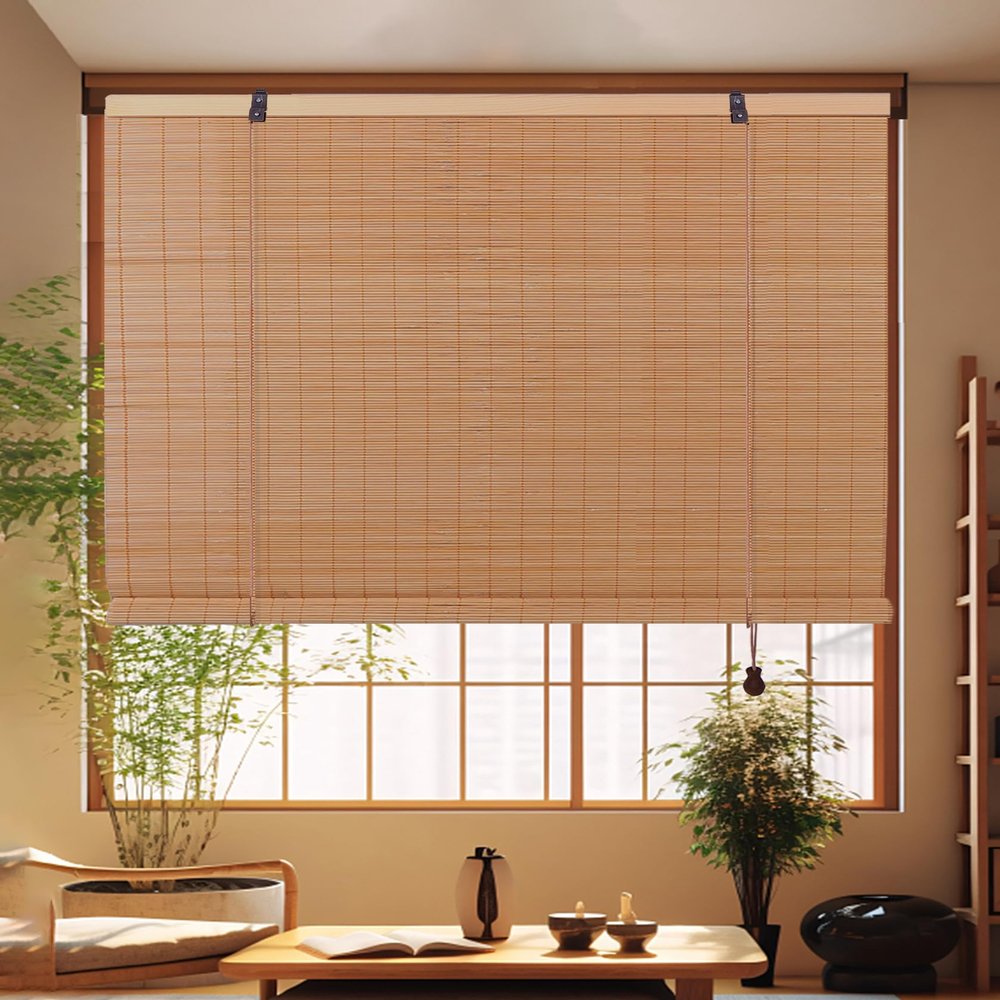 FoundGo Retro Bamboo Roller Blind No Drilling, Adjustable 50–120 cm W x 100–280 cm H, 60% Light-Filtering, for Doors & Windows