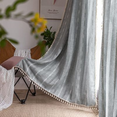 Nyescasa Boho Farmhouse Cotton-Linen Curtains with Tassels, Gray, Embroidered, Light-Filtering, 2-Pack, 180 x 140 cm