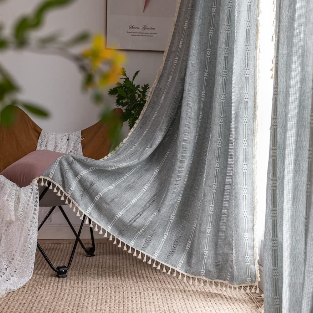 Nyescasa Boho Farmhouse Cotton-Linen Curtains with Tassels, Gray, Embroidered, Light-Filtering, 2-Pack, 180 x 140 cm