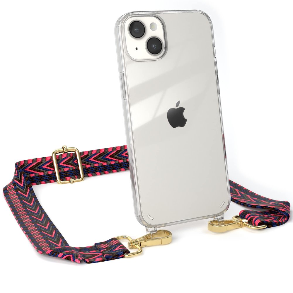 EAZY CASE Phone Lanyard with Silicone Case, Adjustable Strap for iPhone 14 Plus, Pink/Blue/Gold