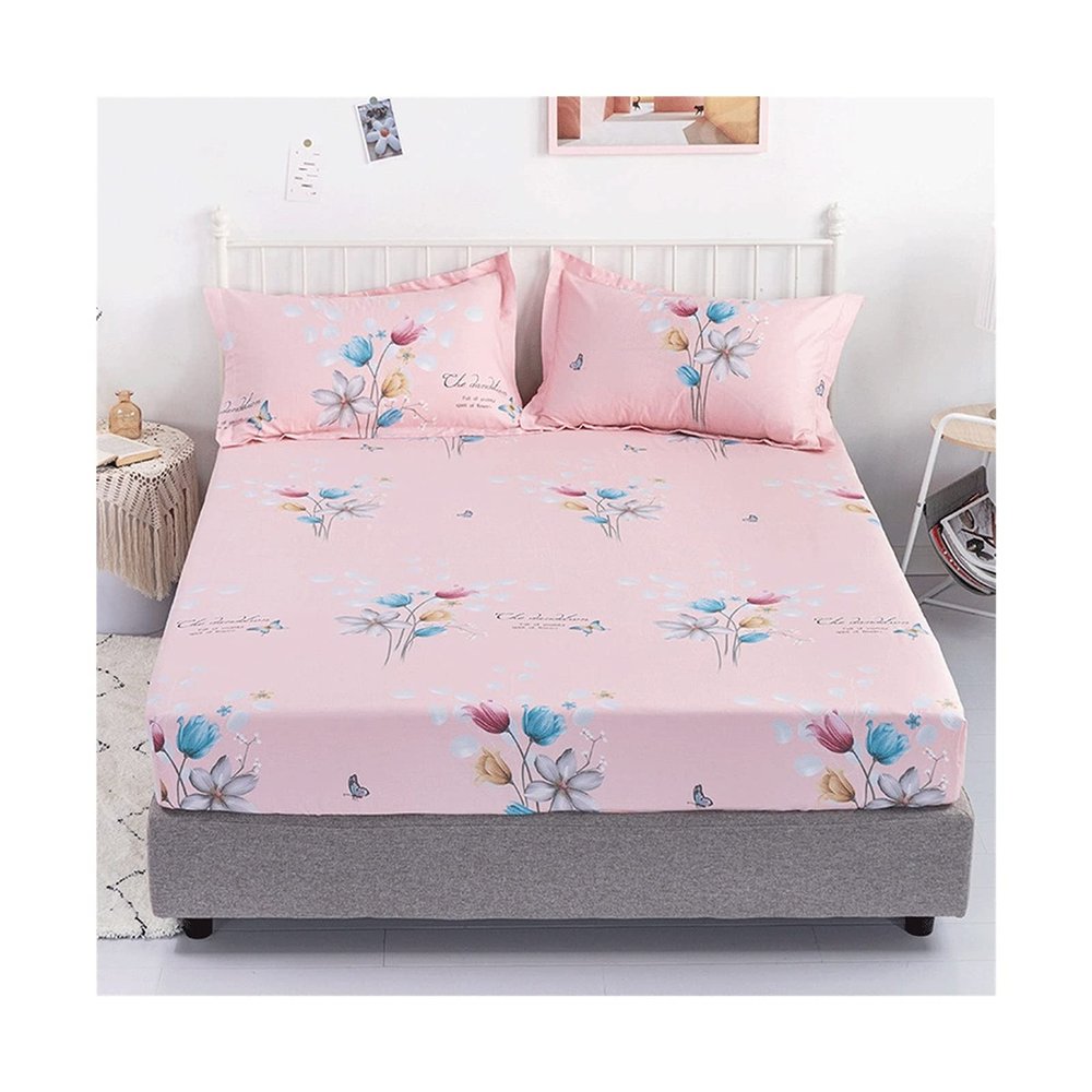 BLUNOA 100% Cotton Printed Fitted Sheet, Up to 28 cm Deep, Pink B, 120 x 200 cm