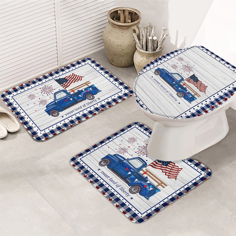 3-Piece Farm Truck Freedom Flag Buffalo Plaid Bathroom Rug Set