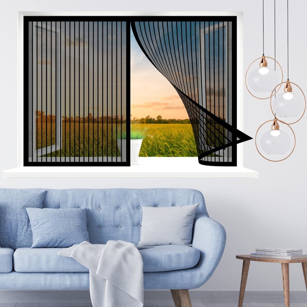 Magnetic Window Screen, 95 x 175 cm, Insect Protection, Auto-Closing, Foldable, Black
