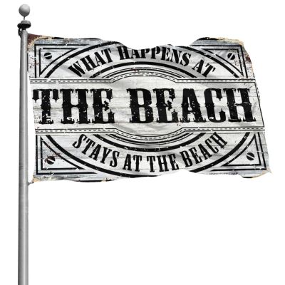 Funny Dorm Decor, “What Happens at the Beach Stays at the Beach” Garden Flag, Room Decor for Men (60 x 90 cm)