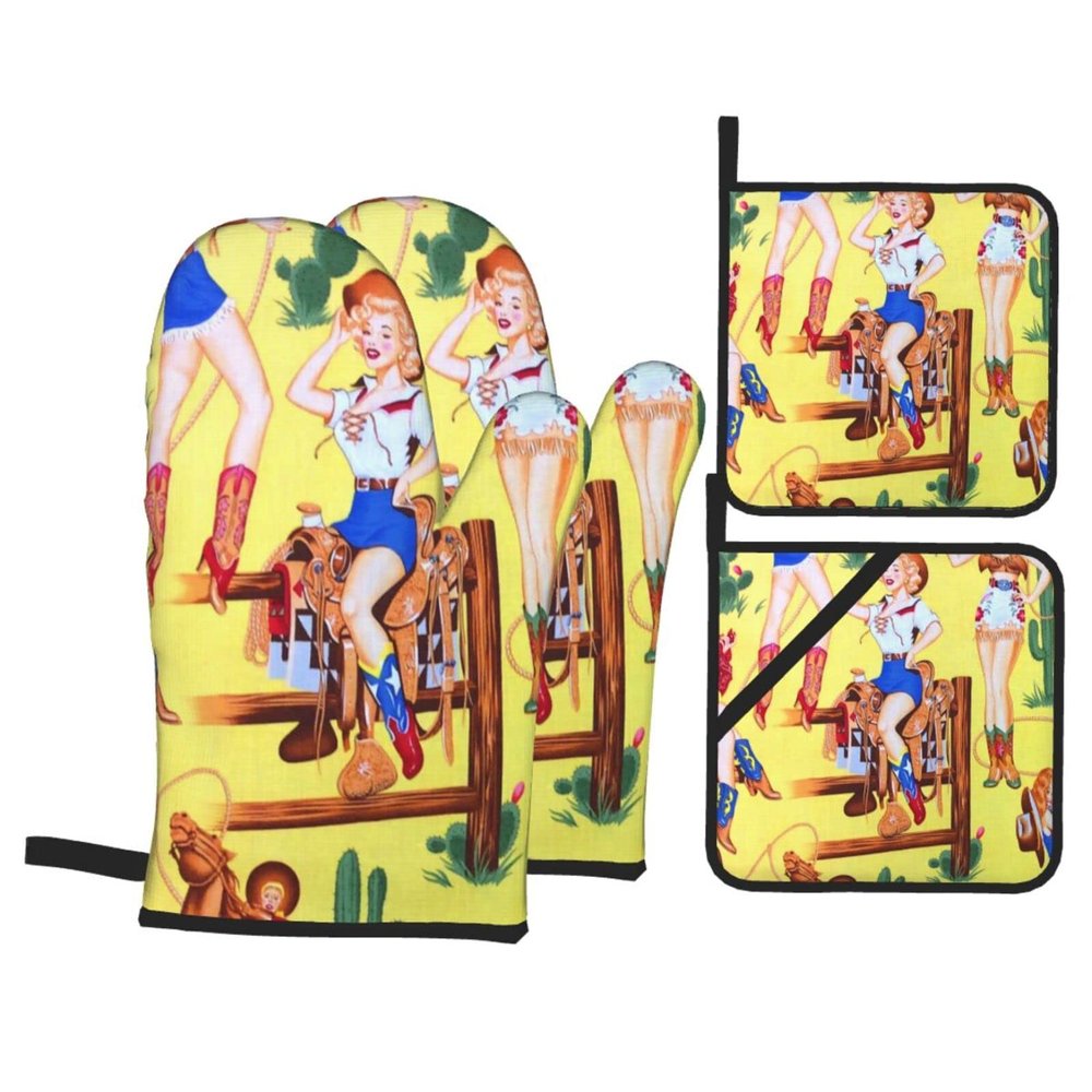 Retro Western Cowgirl Lady Potholders, Non-Slip Oven Mitts