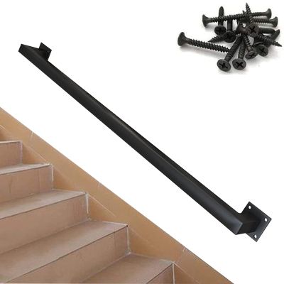 Junvstor Black Square Stair Handrail for Indoor/Outdoor Stairs, Wall-Mounted Metal Pipe Handrail, 200 kg (Size: 150 cm)