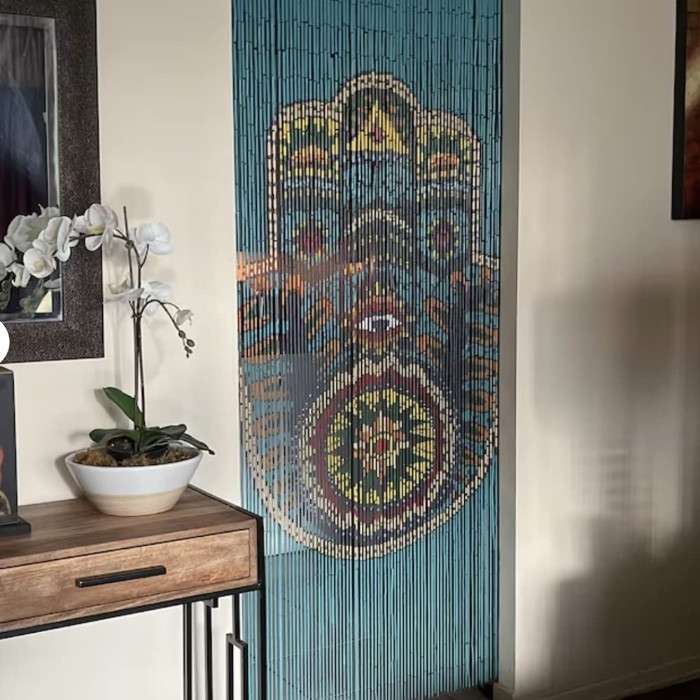Beaded Curtain, Natural Wood, Boho Door Beads, Bohemian Door Curtain, 90 x 203 cm, Handmade, Hand-Painted (Hamsa)